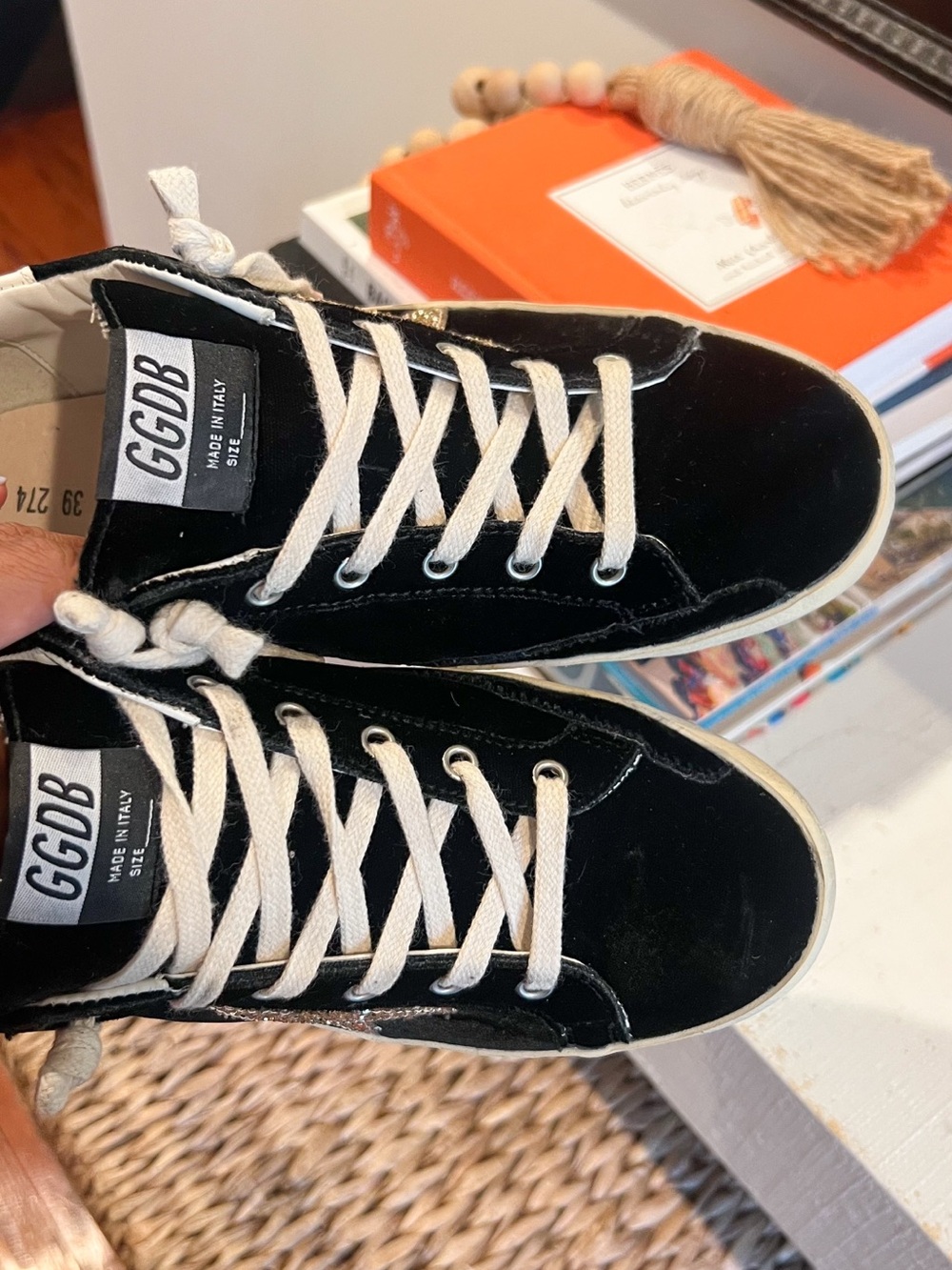 Golden Goose Black Velvet Sneakers with Gold Glitter Star - Picture 3 of 9